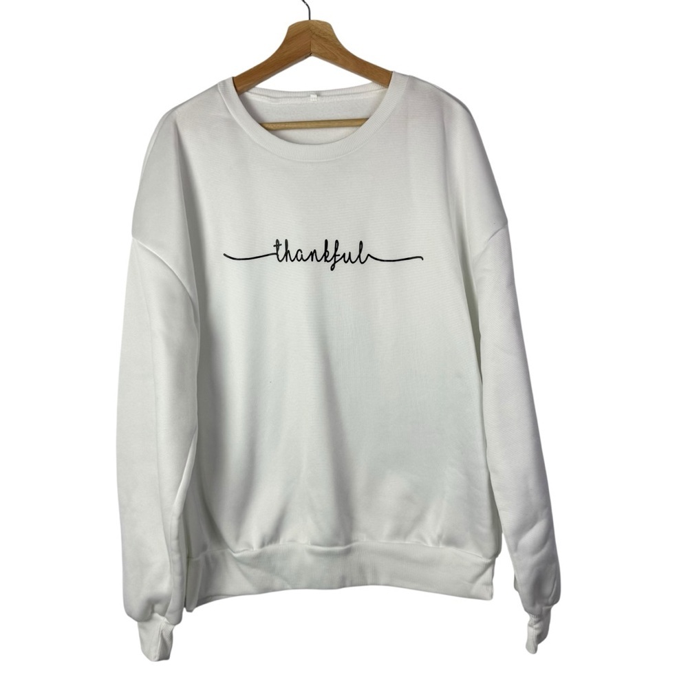 Boutique White Thankful Thanksgiving Fleece Lined Crewneck Sweatshirt M‎
